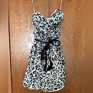 Express Black and White Strapless Leopard-Print Dress with Waist Tie